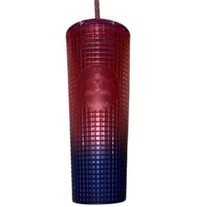 Starbucks 2022 Tumbler 24oz Cups Venti Gradient Red Blue Grid Studded with Straw